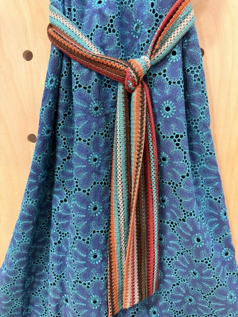 Save The Queen Italy Teal & Blue Eyelet Cotton Midi Dress Belted Boho Size M - Picture 5 of 16